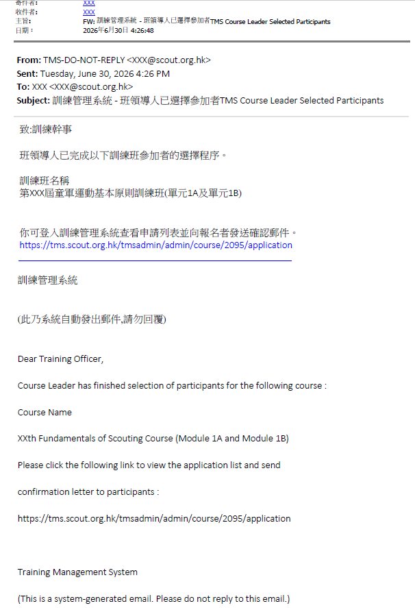 Current TMS email: send confirmation to selected participants