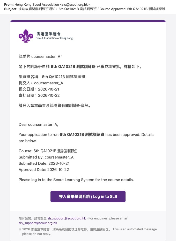 Course approved email, as sent by SLS
