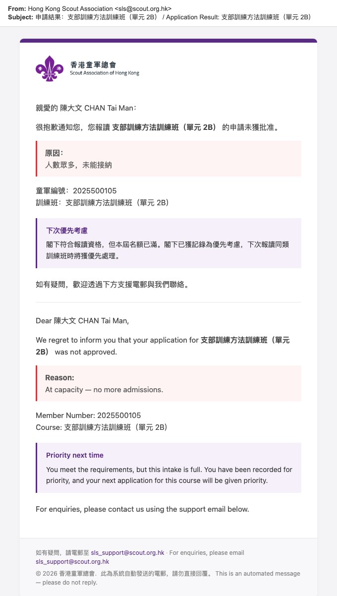 Rejection with priority next time, as sent by SLS