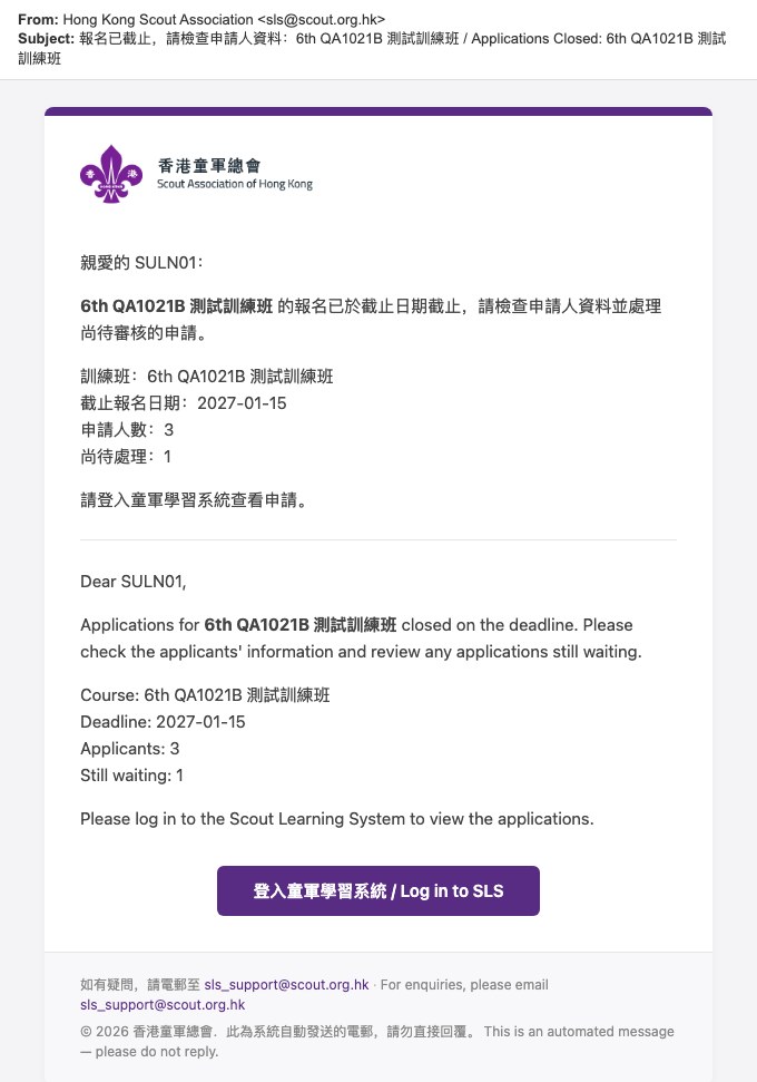 Applications closed reminder, as sent by SLS