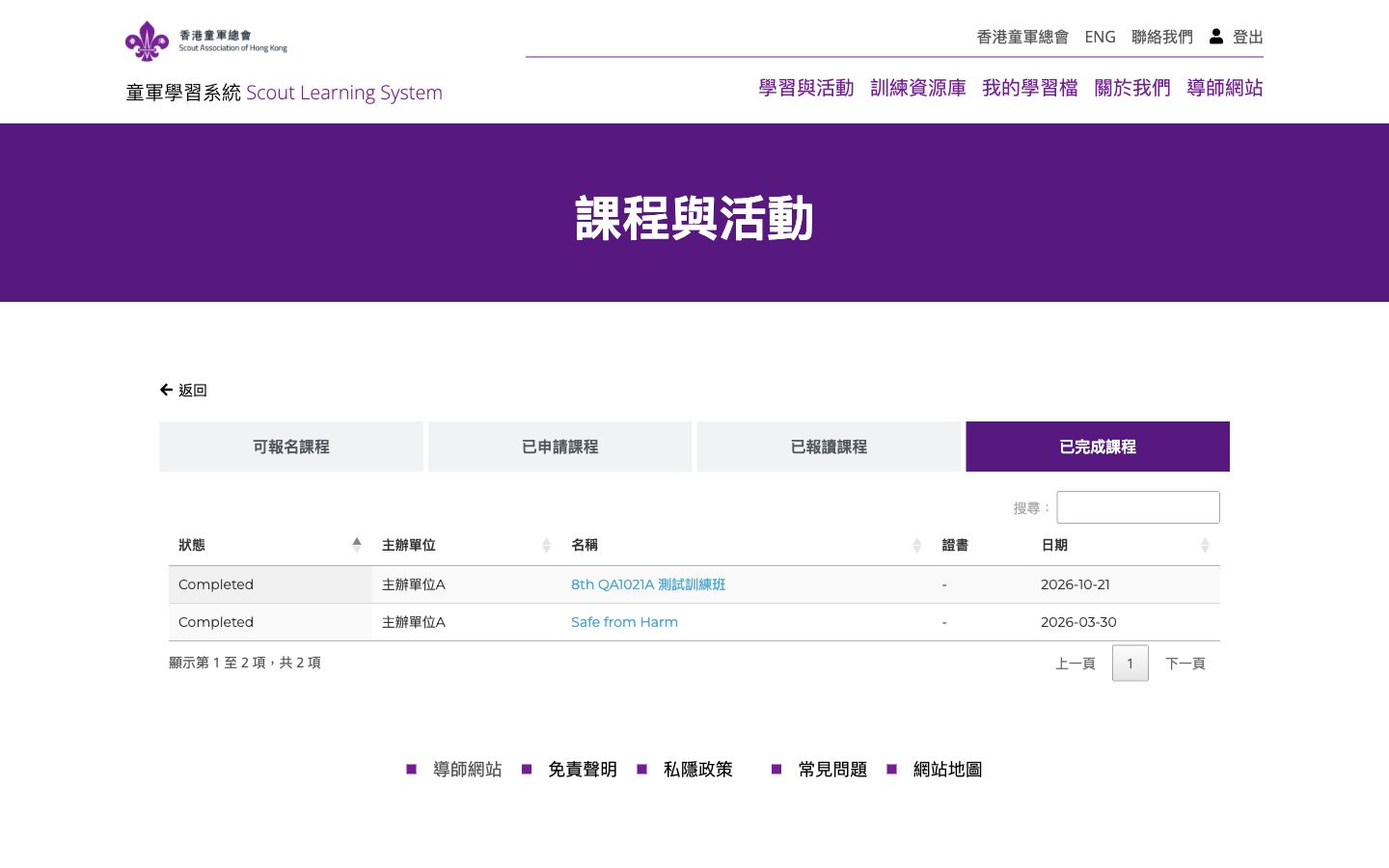 已完成課程 tab